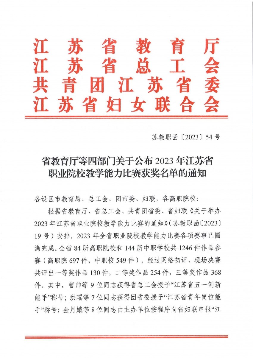 江蘇省教育廳等（děng）四部門關於公布2023年江蘇（sū）省職業（yè）院校教學（xué）能力比賽獲獎名單的通知（蘇教職函〔2023〕54號含名單）_00.jpg